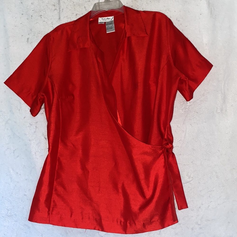 Vintage Borcellini Red Surplice Wrap Top Side Tie Kimono Sleeve Blouse Size 16